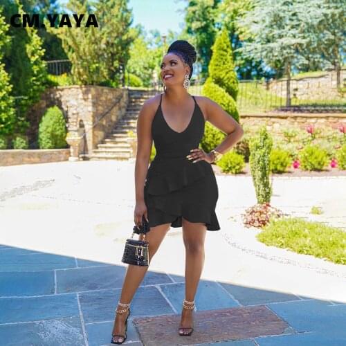 CM.YAYA Women Mini Dress Solid Sleeveless Strap V-neck Bandage Backless Ruffles Dresses Sexy Fashion Vestidos Summer Outfits