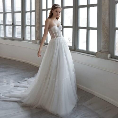 Sexy Tulle Strapless Wedding Dress 2021 Vestido de Novia Boho Applique Pearls Lace-up A Line Bridal Dress with Sleeveless