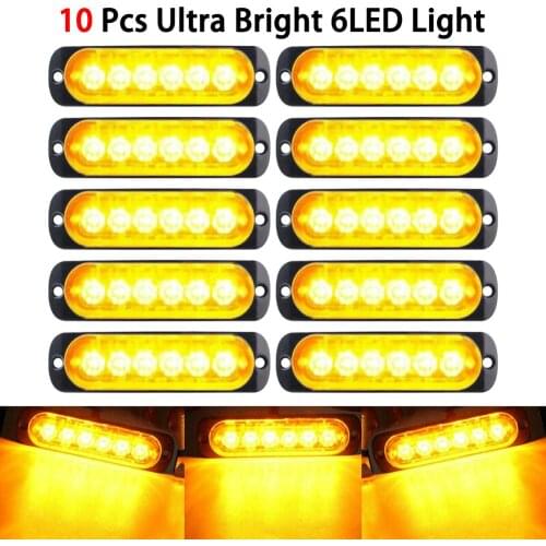 10pcs Car Lights Amber 6 LED Urgent Warning Working 12V Dust-proof