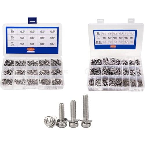 320PCS-780PCS/Box M2 M3 M4 M5 Cross Recessed Pan Head Screws Set Phillips Screws With Nut Flat Lock Washers Assortment Kit