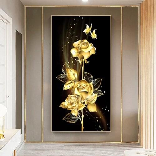 Full Drill Diamond Painting Gold Rose Square/Round 5D DIY Diamonds Embroidery Flower Entrance Wall Decorations Craft Kit Gift