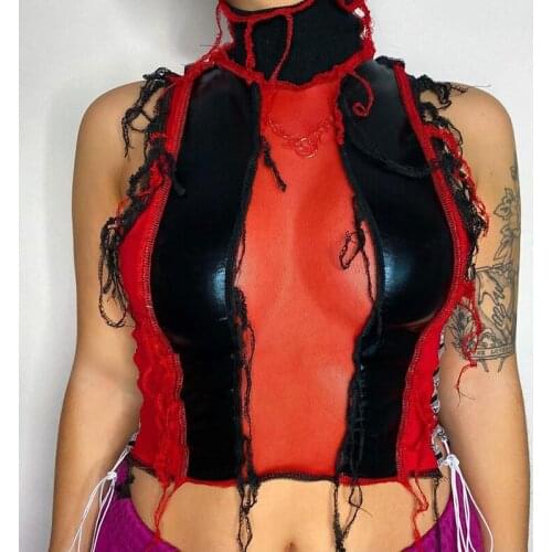 BKLD Bodycon Contrasting Color Casual Tank Top Fashion Sleeveless Turtleneck Mesh See Through Patchwork Camisoles Chic Tops 2021