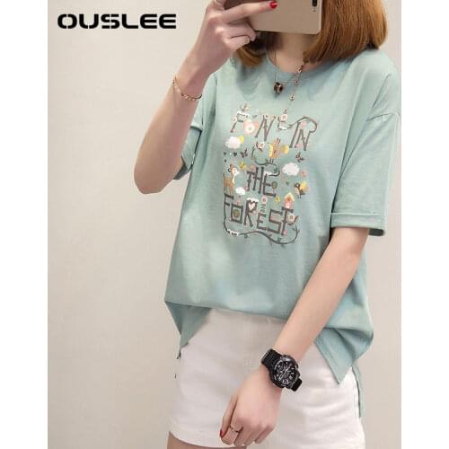 Ouslee Korean Style Summer Women Cotton T-Shirt Short Sleeve Print Loose Short Sleeve T-shirts Letters Print Harajuku T-shirts