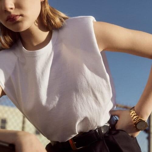 2020 Simple Design Shoulder Pad Women Tops T-shirts Cotton Solid Comfort Summer Womens Clothing White Black Short O-Neck Casual