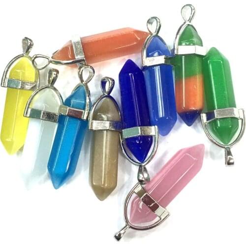 Hexagonal Prism Glass Crystal Cats Eye Opal Charms Pendant DIY Jewelry Making Necklace Accessories