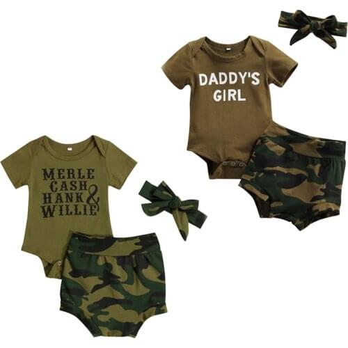 FOCUSNORM Newborn Baby Boys Girls Clothes Sets 3pcs Letter Short Sleeve Romper Camouflage Shorts Headband 0-18M