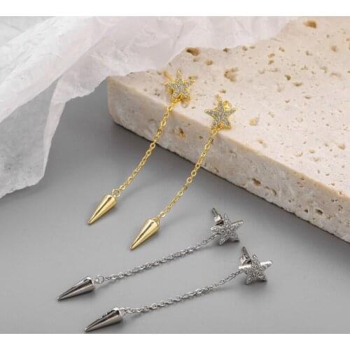 Minar Minimalist Small Full Shinning Rhinestone Star Earrings for Women Ladies Long Chain Tassel Cone Pendant Earrings Jewelry
