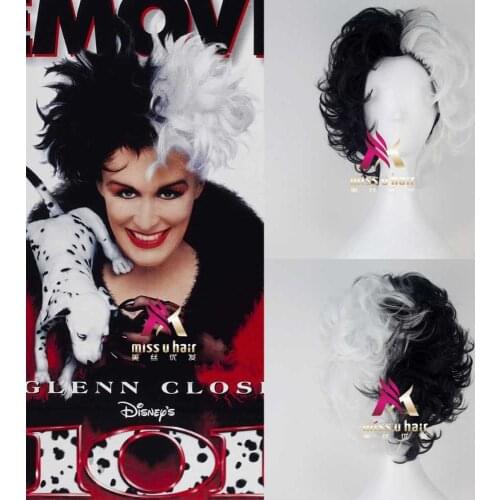 New Black And White Fluffy Short Layered Synthetic Wigs 101 Dalmatians Cruella Devil Cosplay Costume Wig +wig cap