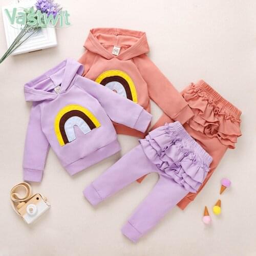 Autumn Infant Newborn Baby Girl Clothes Hooded Rainbow Printed Sweatshirt Ruffle Pants 2pcs Outfit Cotton Baby Tracksuit Sets
