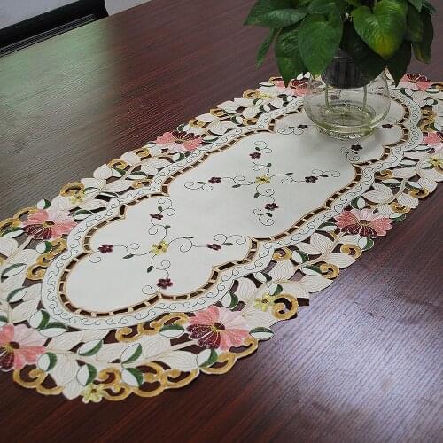 RAYUAN Handmade Embroidered Daisy Flower Cutwork Oval Tablecloth Wedding Party Decor Table Cover Table Cloth 40x85CM