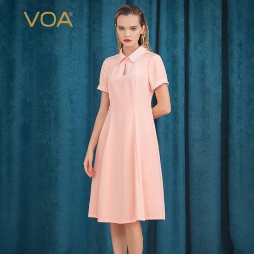 VOA Silk Lapel Tucker Pleated Pearl Buckle Three-opening Waist Waist Micro-elastic Temperament Slim-fit Knee-length Dress A10226