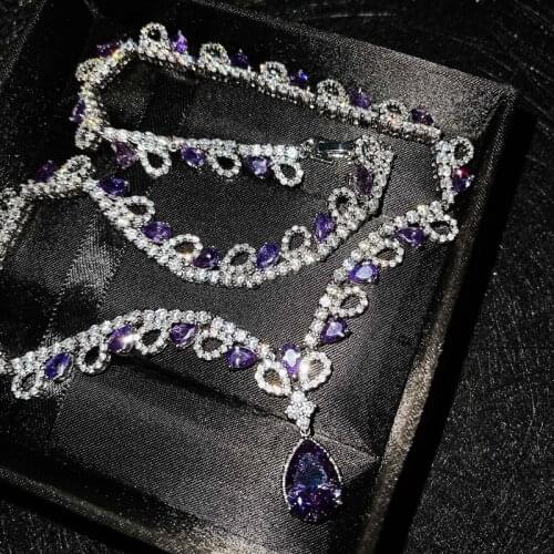 Europe America Luxury Necklace Exquisite Water Drop Pendant With Purple Crystal Zircon High Quality Jewelry For Women Wedding