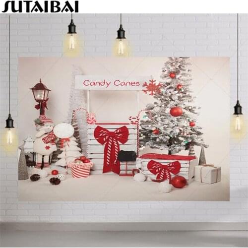 Merry Christmas Backdrop for Kids Family Red Candy Canes Cart Background Winter Snow Xmas Tree Studio Portrait Photography Props