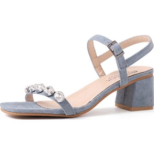 Sandals women 2019 Summer New Hot Flock Buckle Strap Crystal Square Heel Casual Mid Heel Ladies Sandal