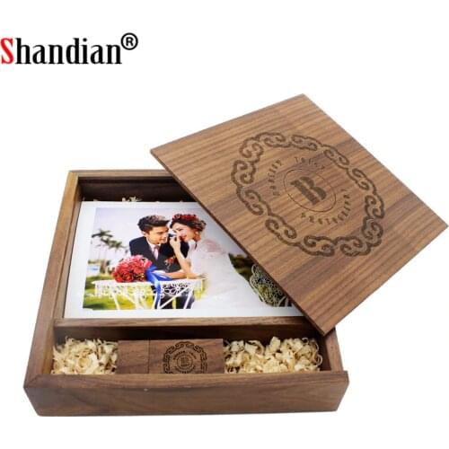 SHANDIAN 1PCS FREE LOGO walnut Photo Unique Album Wood usb+Box Memory stick Pendrive 8GB Photography Wedding Studio 170*170*35mm