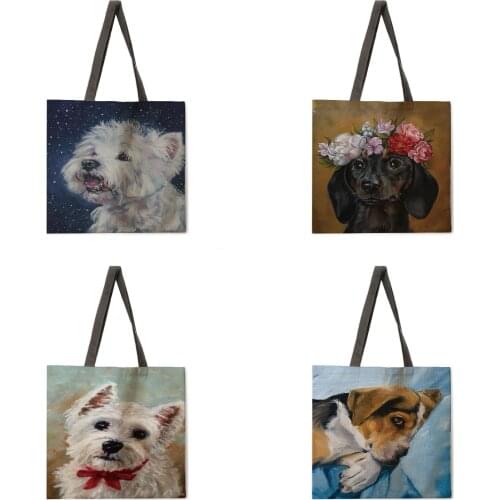 Oil painting dog print tote bag Ladies linen bag Ladies shoulder bag Outdoor leisure handbag Foldable shopping bag