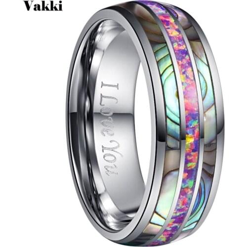 VAKKI 8mm Dome Inlaid Acacia Purple Opal Tungsten Steel Ring For Women Mens Silver Color Engrave Love Finger Ring