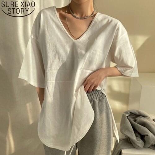 Summer 2021 Cotton Tshirt Striped White Shirt Loose Casual Tops Short Sleeve Solid V-neck Bottom Chic Fashion Clothing 14233