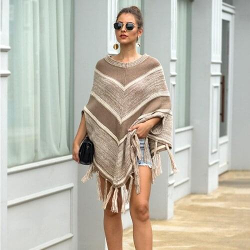 2019 Autumn and Winter Women Elegant Tassel Cloak Shawl Geometric Color Matching O Neck Pullover Sweater for Women