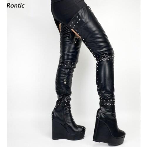 Rontic Handmade Women Winter Thigh Boots Studded Side Zipper Wedges Heels Round Toe Elegant Black Night Club Shoes US Size 5-20