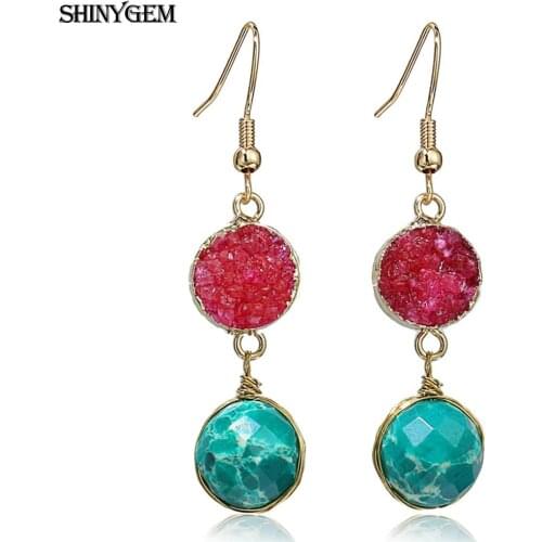 ShinyGem Bohemia Gem Stone Natural Druzy Crystal Earrings Women Vintage Gold Wire Dangle Long Drop Earrings Fashion Jewelry