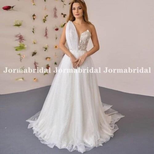 Jormabridal A-Line Beach Wedding Dress Plunging Tulle Summer Boho Lace Bride Dress Applique Zipper Back Wedding Gowns Long Train