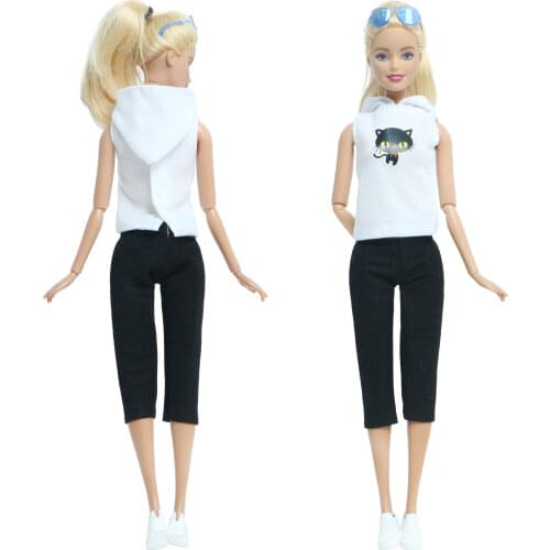 BJDBUS 1 Set Doll Outfit Cat Pattern White T-Shirt With Cap Yellow Glasses Black Trousers Shoes Clothes for Barbie Doll DIY Toys