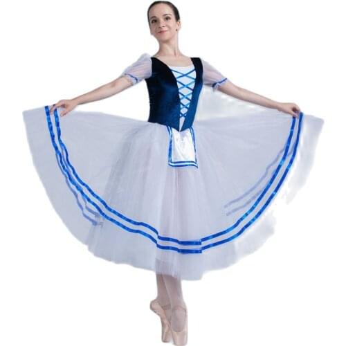 All For Dance Royal Blue Velvet Top Bodice 360° Tulle Romantic Long Ballet Dance Dress Ballerina Ribbon Dance Tutu