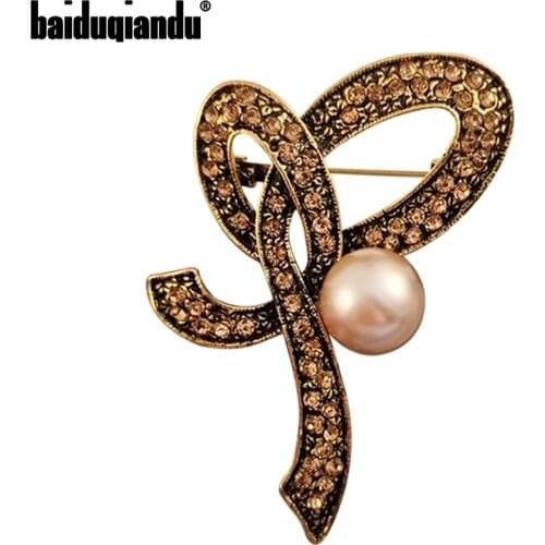 Baiduqiandu Coffee Rhinestones Women Flower Brooches Pins Antique Gold Silver Plated Pearl Pins Vintage Plant Jewelry Gifts