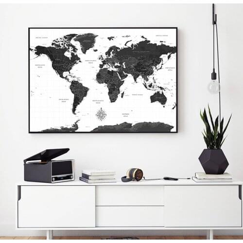 Large Posters and Prints World Map Vintage Black and White Canvas Painting Wall Art Decoration Picture for Living Room Office