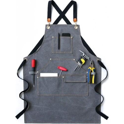 Men Women Canvas Work Apron Cross-Back Adjustable Shoulder Strap Handcraft Bib with Multi Tool Pockets for Woodworking Painting