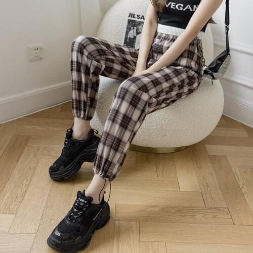 Summer Korean Japanese Plaid High Waist Pants Trousers Women Sweatpants Harajuku Joggers Elastic Waist Harem Pants