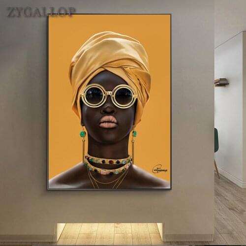 Black Woman With Sunglasses Oil Painting On The Wall Modern Decor Canvas Wall Art Pictures Cuadros Yellow African Woman Poster