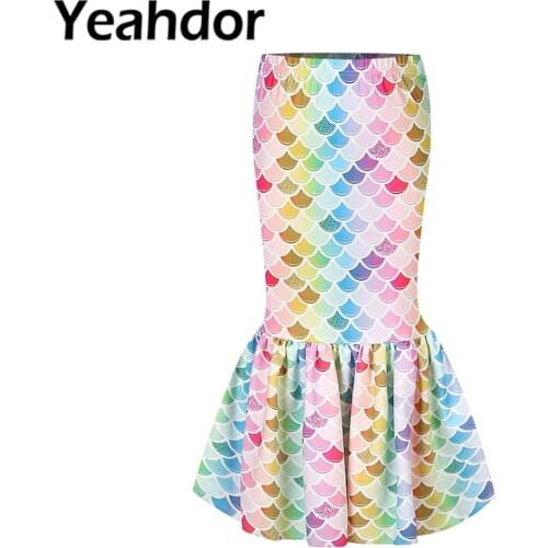 Kid Girls Cosplay Mermaid Costume Fish Scale 3D Digital Print Short Flying Sleeve Ruffled T-Shirt Peplum Tops Girl Mermaid Skirt