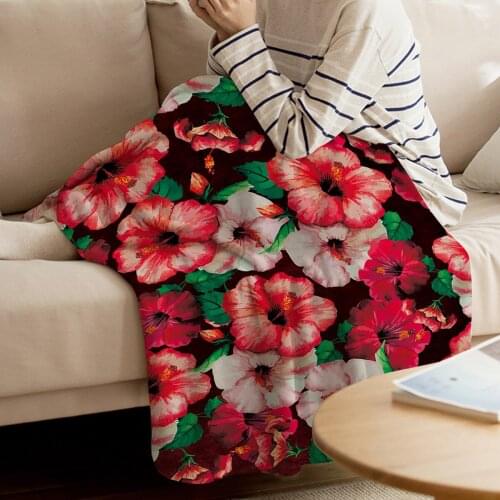 Hibiscus Red Flower Watercolor Printed Flannel Blanket Soft Throw Blanket Machine Washable Blankets for Beds