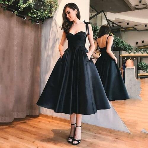 Short Black Simple Evening Party Dresses With Pocket Sweetheart 2021 Special Occasion Gowns Tea Length