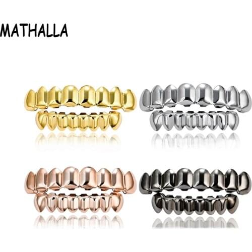 MATHALLA Hip Hop 8/8 Golden Teeth Grillz Top and Bottom Grill Golden Silver Dental Mouth Cosplay Party Halloween Jewelry