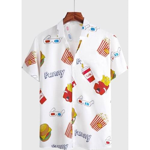 Fashion Hawaiian Cartoon Print Shirt 2021 Summer Mens Beach Burger Feather Cartoon Print Short Sleeve Shirt Mens Shirt Top