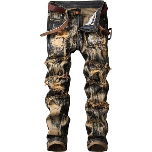 Mens Vintage Tiger Embroidery Rippe Jeans Fashion Patchwork Slim Straight Deim Pants Tie and Dye Washed Trousers