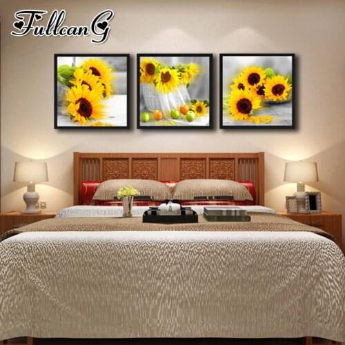 FULLCANG diy 5d diamond embroidery sunflower and fruit triptych painting 3 piece full square/round drill mosaic pattern FC651