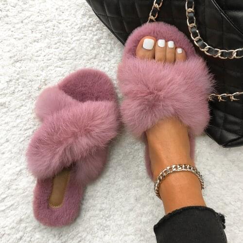Real Rabbit Fur Slippers Furry Slides For Women Fluffy Flip Flops Cross Strap Home Cozy Slippers Winter House Plush Female Shoes