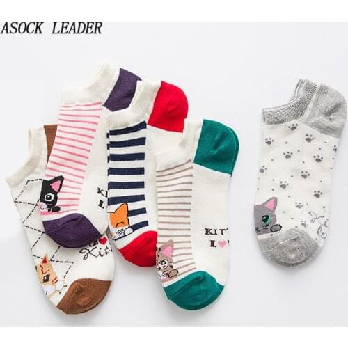 2018 Spring&Summer New Cotton Ladies Striped Socks Leisure Cartoon Cat Short Tube Low Help Short Socks 5 Pairs / Lot