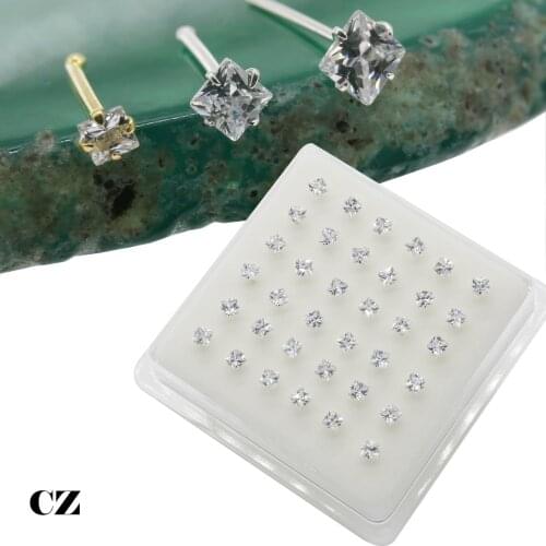925 sterling silver 36 pcs shape CZ square nose pin S925 Fashion piercing nose zircon nose studs silver color