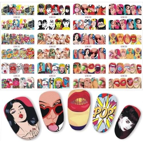 1 set 12 Nail Designs Full Cover Water Transfer Sticker Nail Art Pop Art Slider Lips Cool Girl Sexy Women Designs DIY Manicure