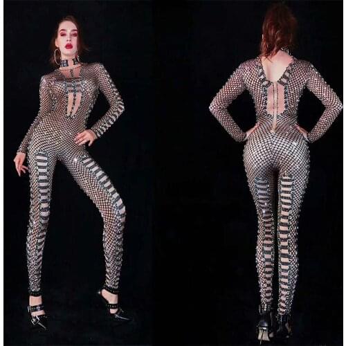 Bright Black Rhinestones Long Sleeves Spandex Jumpsuit Womens Party Bodysuit Evening Outfit Female Singer Stage Dance DS Wear