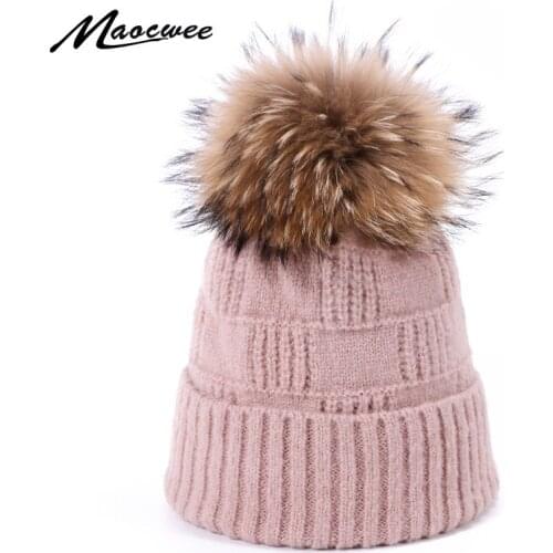 Women Thick Winter Knitted Hats Real Raccoon Fur Pom Pom Mink Pompoms Thick Keep Warmer Beanie Winter Female Girl Skullies Hat
