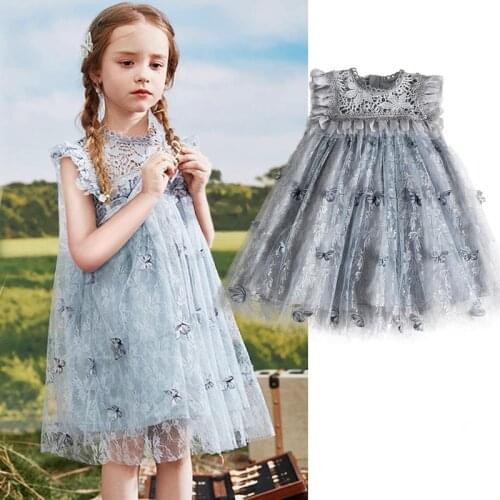 4-10Y Summer Girl Dress Butterfly Appliqued Wedding Kids Princess Dresses for Girls Children Clothing Lace Tulle Casual Vestido