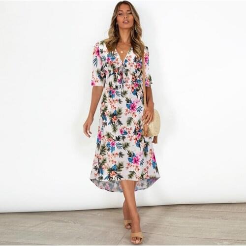 Summer Dress Fashion Floral Print V Neck Short Sleeve Dress Women Casual High Waist Bandage Loose Street Party Dresses Vestidos