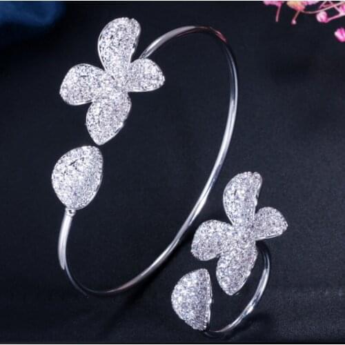 Zlxgirl luxury brand Copper flower bangle With ring Christmas Jewelry sets Fashion Women' Love Bangles bridal accessory sets