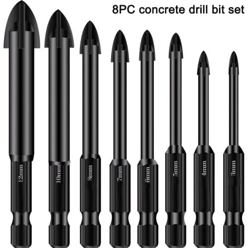 8PC Concrete Bit Set Masonry Drill Bit for Ceramic Tile Brick Plastic and Wood Tungsten Carbide Cuttingedge Oxynitriding Process